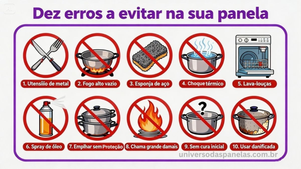 Infográfico com os 10 erros que destroem panela antiaderente organizados em grid 5x2: utensílio de metal, pré-aquecer vazia, esponja de aço, choque térmico, lava-louças, spray de óleo, empilhar sem proteção, chama maior que a base, sem cura inicial e usar com revestimento danificado
