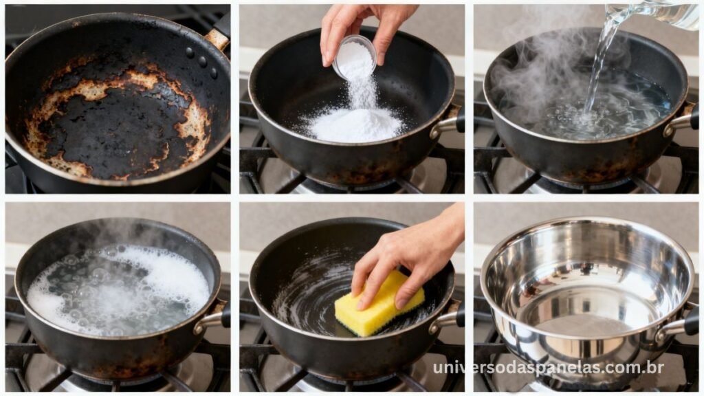 Passo a passo em 6 etapas de como limpar panela queimada com bicarbonato de sódio e água quente