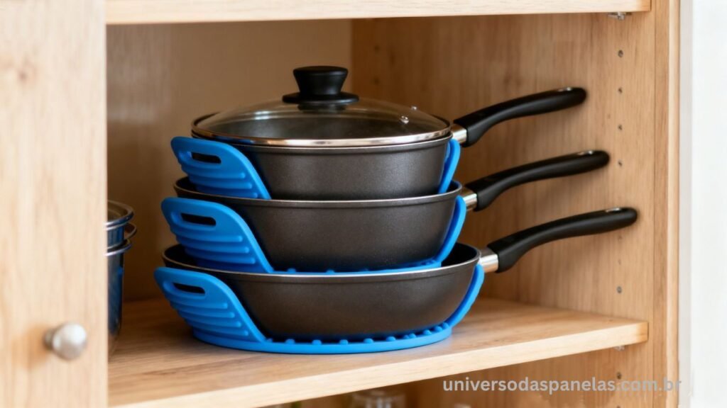 Panelas antiaderentes empilhadas de forma organizada com protetores de silicone azuis entre cada peça dentro de armário de madeira clara, demonstrando o armazenamento correto que previne arranhões no revestimento