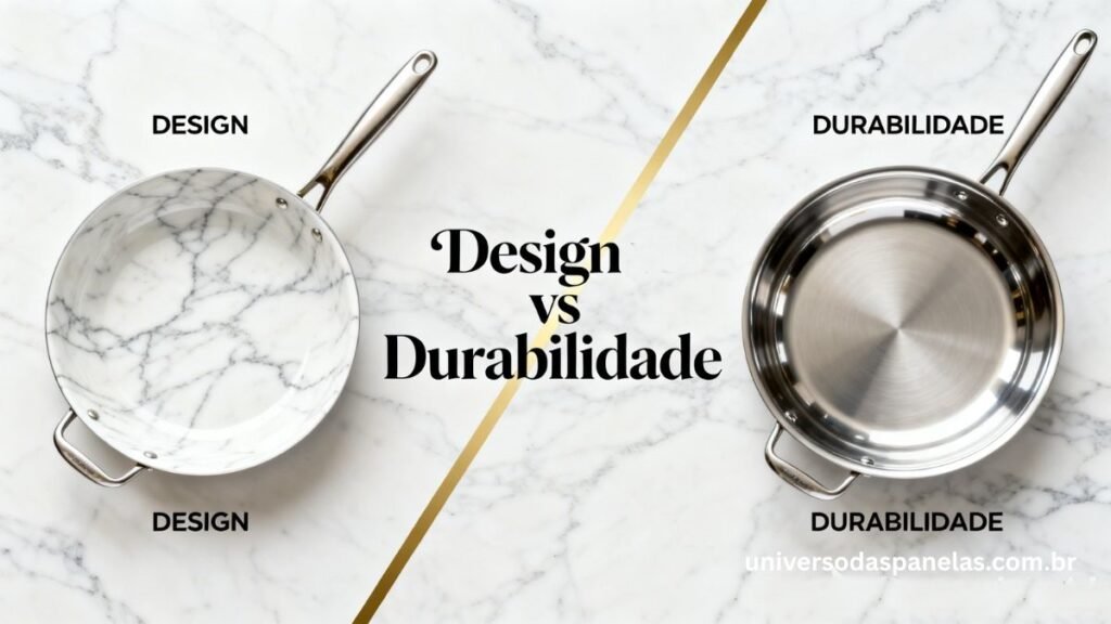 Comparativo lado a lado: panela Brinox Carrara com efeito mármore branco destacando design à esquerda e panela Tramontina Turim inox espelhado destacando durabilidade à direita sobre fundo de mármore real