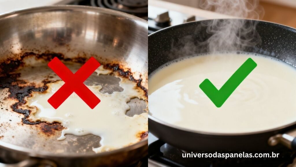 Díptico comparativo mostrando dois resultados ao aquecer leite em panela pequena: à esquerda leite queimado e grudado no fundo de panelinha de inox sem antiaderente com ícone X vermelho, à direita leite aquecido perfeitamente com vapor suave em panelinha antiaderente com ícone check verde