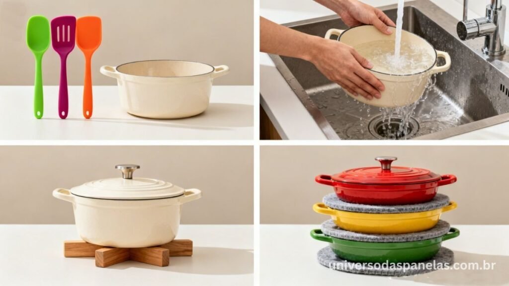 Grid com 4 cuidados essenciais para panela de cerâmica: utensílios de silicone, lavagem à mão, resfriamento natural e armazenamento com proteção