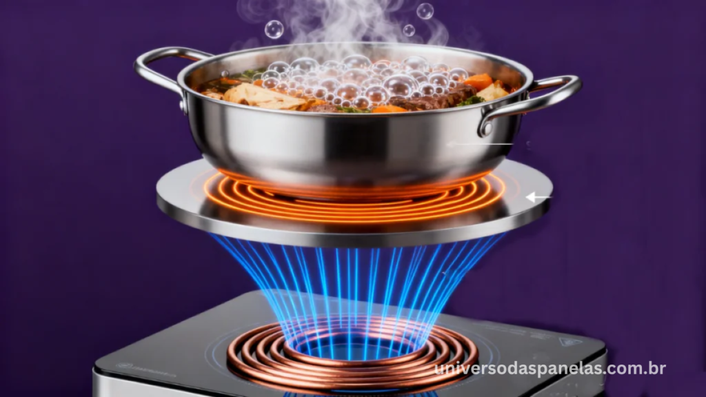 Infográfico técnico em corte transversal mostrando as 3 camadas do fogão de indução: bobina de cobre com campo eletromagnético, correntes de Foucault na base da panela e aquecimento do alimento