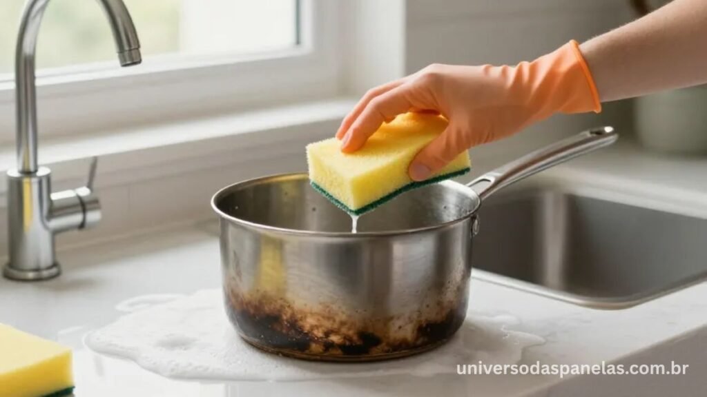 Panela de inox queimada sendo limpa com esponja e detergente sobre pia de cozinha moderna