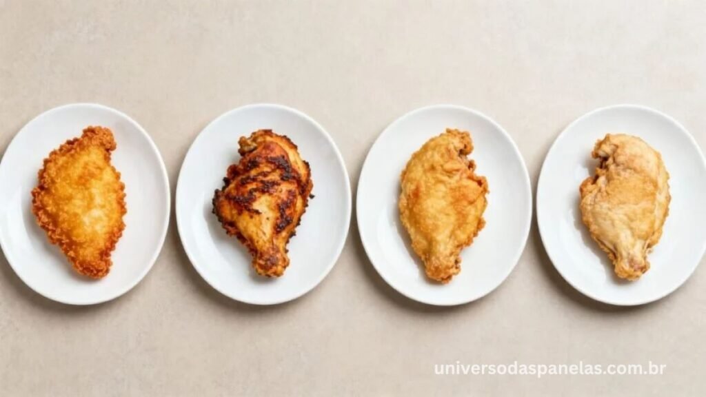 Comparativo visual de frango frito em 4 equipamentos diferentes: panela funda com dourado perfeito, wok com textura rústica, frigideira antiaderente com cor mais clara e air fryer com resultado uniforme e seco