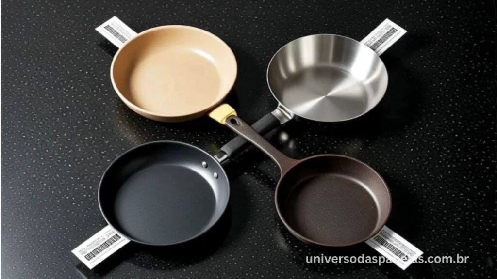 Vista aérea de quatro frigideiras de materiais diferentes: cerâmica, antiaderente PTFE, inox e ferro fundido dispostas em cruz sobre granito escuro