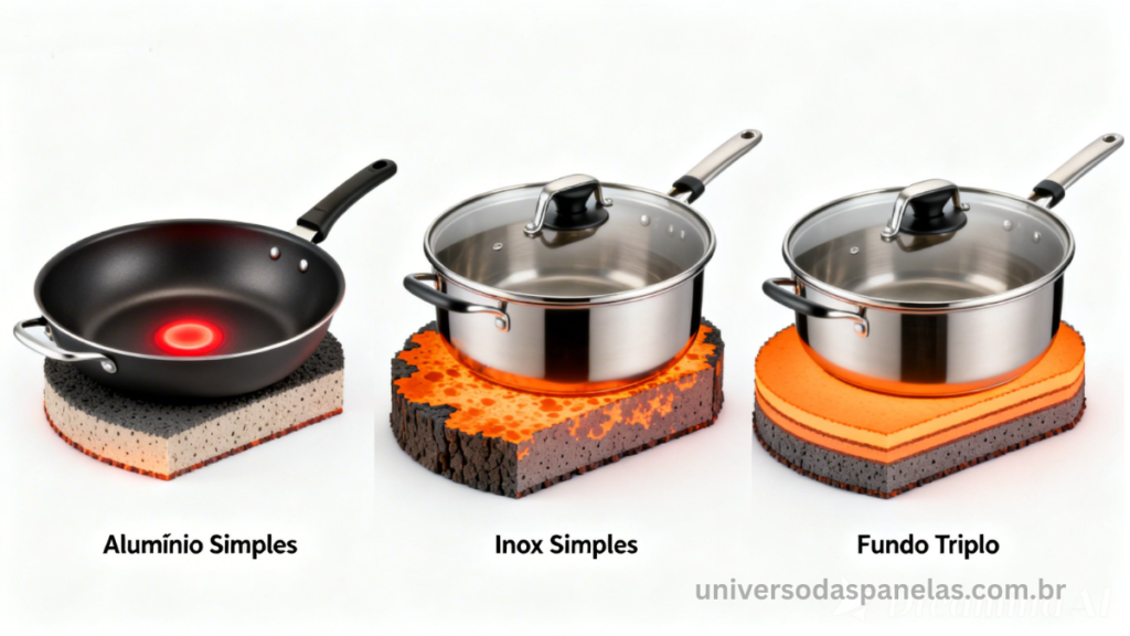 Ilustração técnica em corte transversal comparando a condução de calor em 3 bases de panela: alumínio simples com calor concentrado no centro em vermelho, inox simples com calor lento e irregular em laranja e inox fundo triplo com núcleo de alumínio mostrando distribuição uniforme em gradiente suave em toda a base