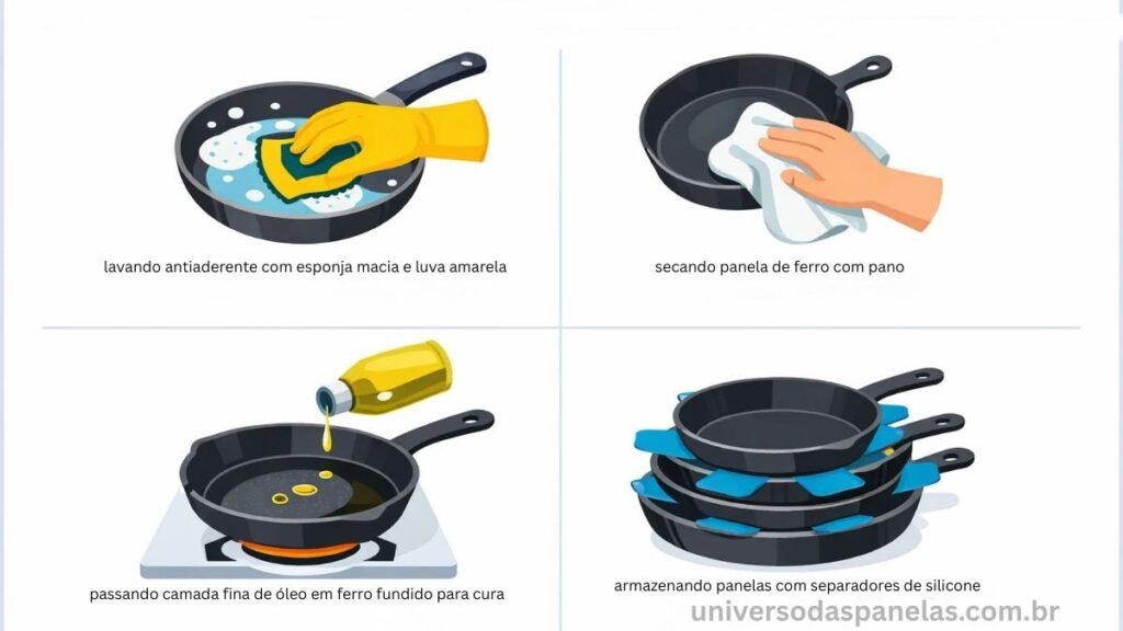 Grid 2x2 mostrando os cuidados corretos com panelas: lavando antiaderente com esponja macia e luva amarela, secando panela de ferro com pano, passando camada fina de óleo em ferro fundido para cura e armazenando panelas com separadores de silicone