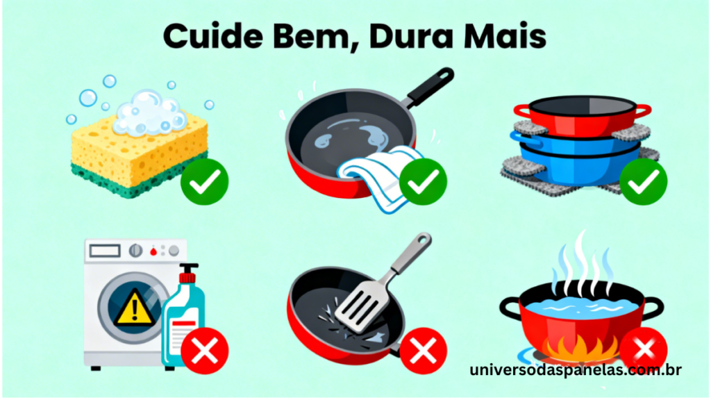 Infográfico com 6 cuidados para jogo de panelas: pode usar esponja macia, secar imediatamente e usar protetor ao empilhar; não pode usar lava-louças, espátula de metal e causar choque térmico