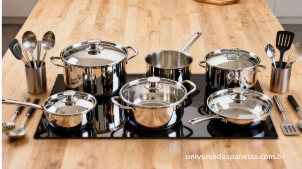 Conjunto completo de panelas de aço inoxidável espelhado com diferentes tamanhos dispostos simetricamente sobre ilha de cozinha de madeira clara com utensílios ao redor, iluminação de estúdio profissional com reflexos suaves