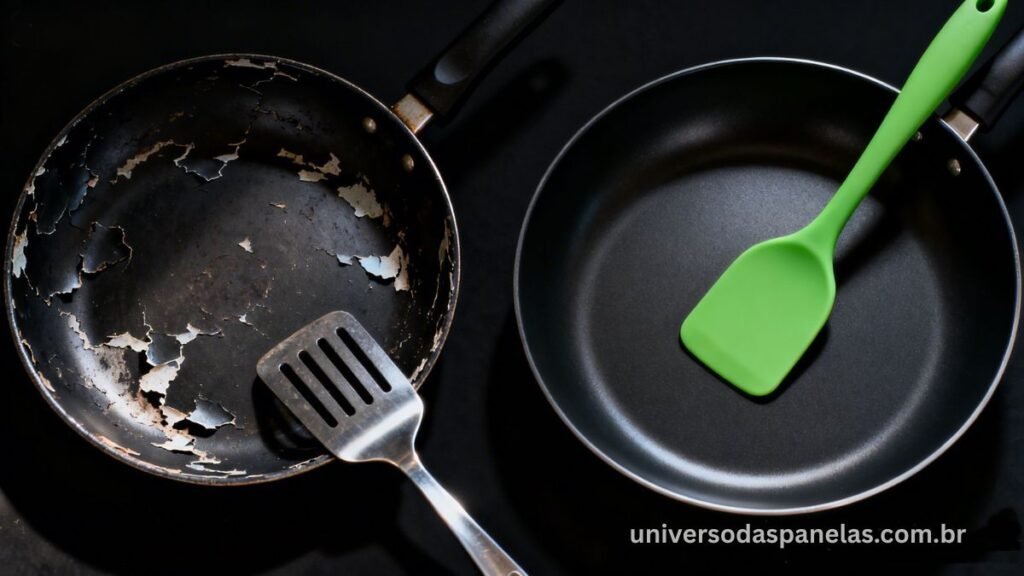 Comparativo dramático de duas frigideiras antiaderentes pretas: à esquerda frigideira com revestimento descascando e espátula de metal como causadora do dano, à direita frigideira nova e perfeita com espátula de silicone verde sobre fundo escuro com iluminação cinematográfica