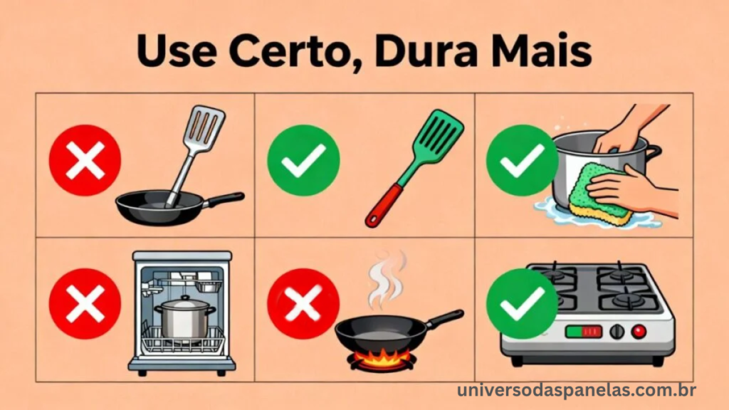 Infográfico grid 2x3 com 6 ícones flat design: X vermelho em espátula de metal na frigideira, lava-louças e frigideira vazia no fogo alto com fumaça; check verde em espátula de silicone, lavagem à mão com esponja macia e fogão em temperatura média, com título Use Certo Dura Mais