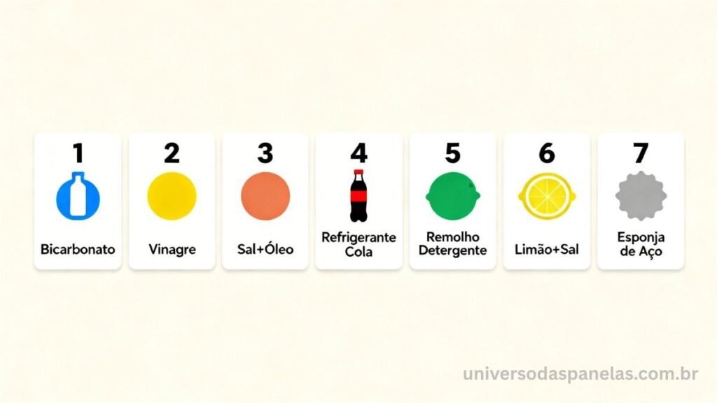 Infográfico com os 7 métodos para limpar panela queimada: bicarbonato, vinagre, sal, refrigerante, remolho, limão e esponja de aço