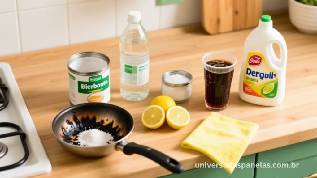 Ingredientes caseiros para limpar panela queimada: bicarbonato, vinagre branco, limão, sal grosso, refrigerante de cola e detergente sobre bancada de madeira
