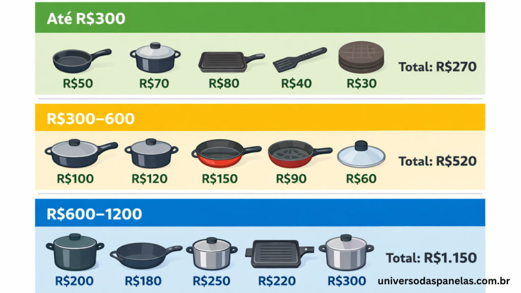 Infográfico com 3 opções de kit personalizado de panelas por faixa de orçamento: até R$300 com Tramontina Allegra e Panex Pressão, R$300 a R$600 com Turim e Tefal Expertise e R$600 a R$1200 com kit Turim completo e Tramontina Pressão Inox