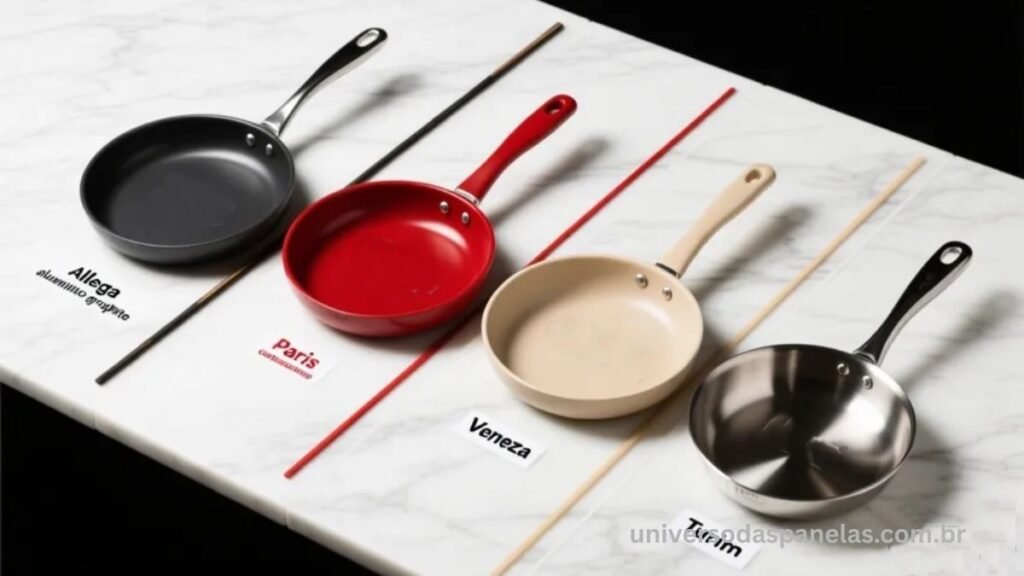 Flat lay com quatro panelas Tramontina de linhas diferentes: Allegra grafite, Paris vermelha, Veneza cerâmica bege e Turim inox espelhado sobre mármore branco