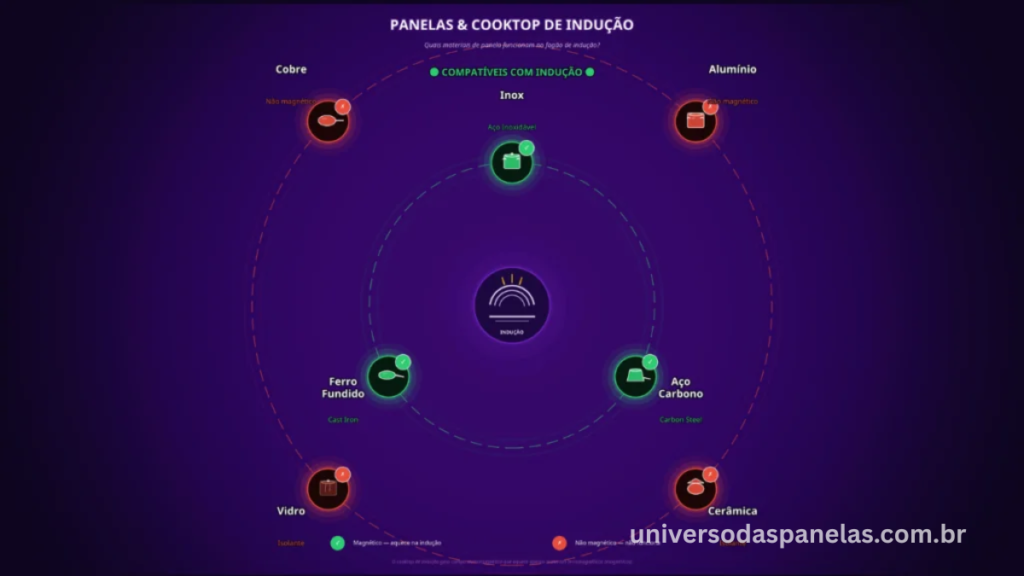 Infográfico circular mostrando materiais compatíveis com fogão de indução no círculo interno: inox, ferro fundido e aço carbono em verde; e materiais incompatíveis no círculo externo: alumínio, cobre, vidro e cerâmica em 