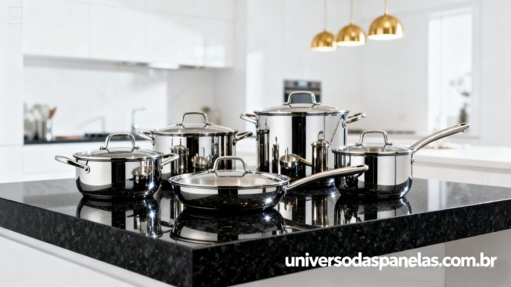 Jogo de panelas completo de 5 peças Tramontina Turim em aço inoxidável espelhado em composição triangular sobre bancada de granito preto com cozinha moderna ao fundo