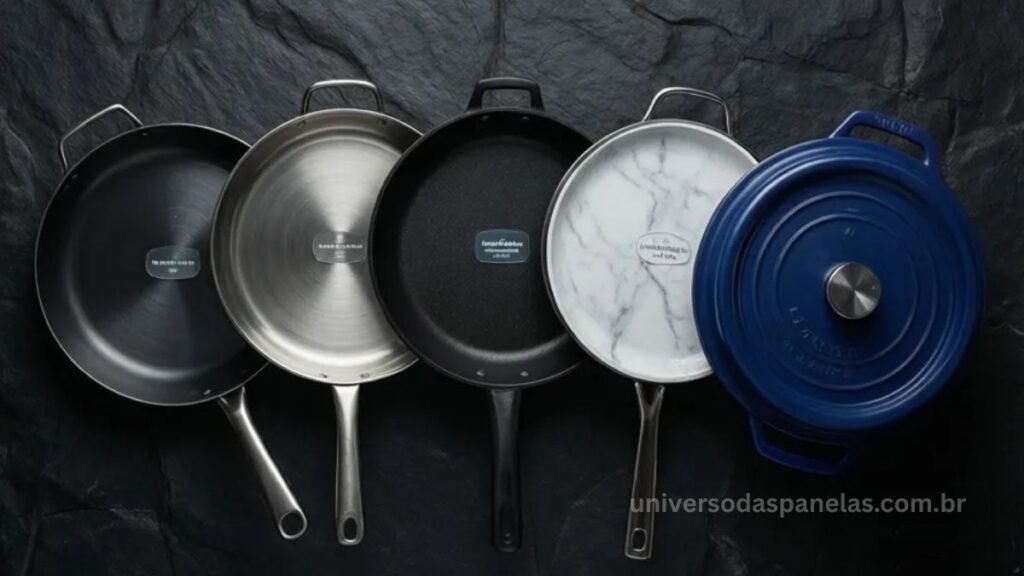 Flat lay editorial de 5 panelas de materiais diferentes em leque sobre pedra escura: alumínio anodizado grafite, inox espelhado, frigideira antiaderente PTFE preta, panelinha cerâmica efeito mármore branco e caçarola de ferro fundido esmaltado azul royal, cada uma com etiqueta de material