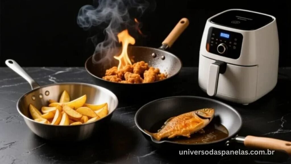 Quatro panelas para fritar lado a lado: panela funda de alumínio com batatas douradas, wok de ferro fundido, frigideira antiaderente e air fryer elétrica sobre superfície de ardósia