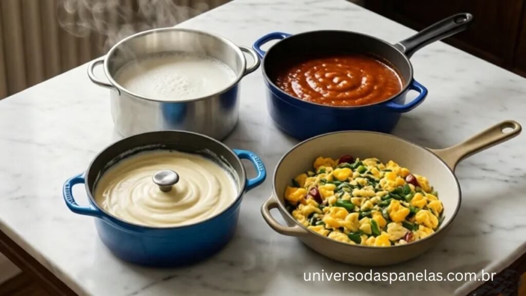 Flat lay comparativo de 4 panelinhas de 14 a 16 cm sobre bancada de mármore branco: Tramontina Turim inox com leite quente e vapor, Tefal antiaderente preta com molho cremoso, Le Creuset ferro esmaltado azul com creme de baunilha e Nigro cerâmica bege com ovos mexidos