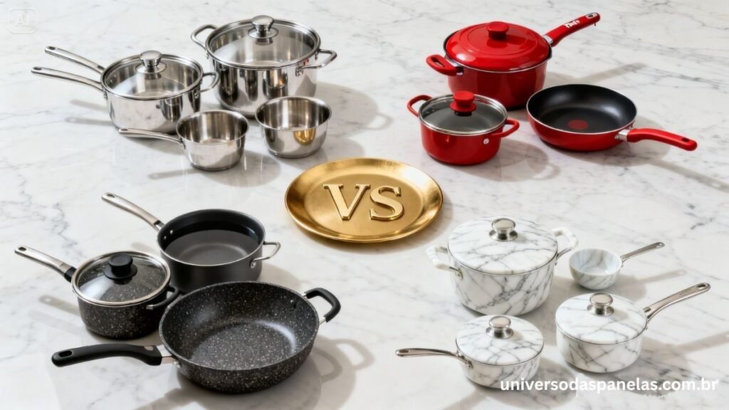 Flat lay comparativo dos 4 melhores kits de panelas para apartamento pequeno em 2025: Tramontina Allegra grafite, Tefal Ingenio vermelho com cabo removível, Nigro Profissional granito e Brinox Carrara mármore branco dispostos nos 4 cantos de bancada de mármore branco com placa VS dourada no centro