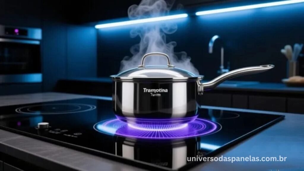Cooktop de indução preto com campo eletromagnético azul iluminado e panela Tramontina Turim inox espelhado com vapor sobre cozinha moderna escura