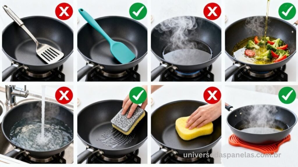 Grid com 4 pares de fotos mostrando uso correto e errado da panela antiaderente: espátula de metal com X vermelho vs espátula de silicone com check verde, panela vazia no fogo alto com X vs panela com azeite e legumes com check, esponja de aço com X vs esponja macia amarela com check, panela quente na pia com vapor com X vs panela esfriando no suporte com check