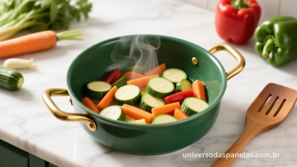 Panela de cerâmica verde com vegetais coloridos refogados sobre bancada de mármore branco