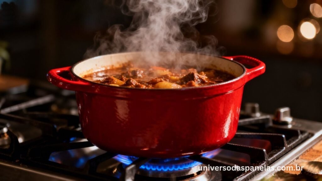 Close-up dramático de panela de ferro fundido esmaltado vermelho sobre fogão a gás com chamas azuis visíveis, contendo ensopado rústico borbulhando com vapor e iluminação cinematográfica lateral