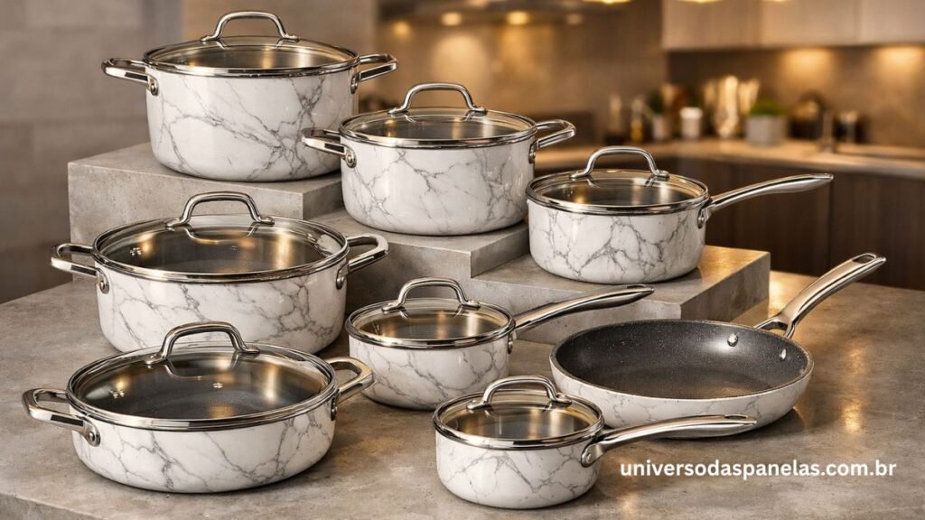 Conjunto de panelas Brinox linha Carrara Premium com efeito mármore branco e veios cinza dispostas em escada sobre bancada de concreto polido em cozinha aberta moderna com pendentes dourados ao fundo