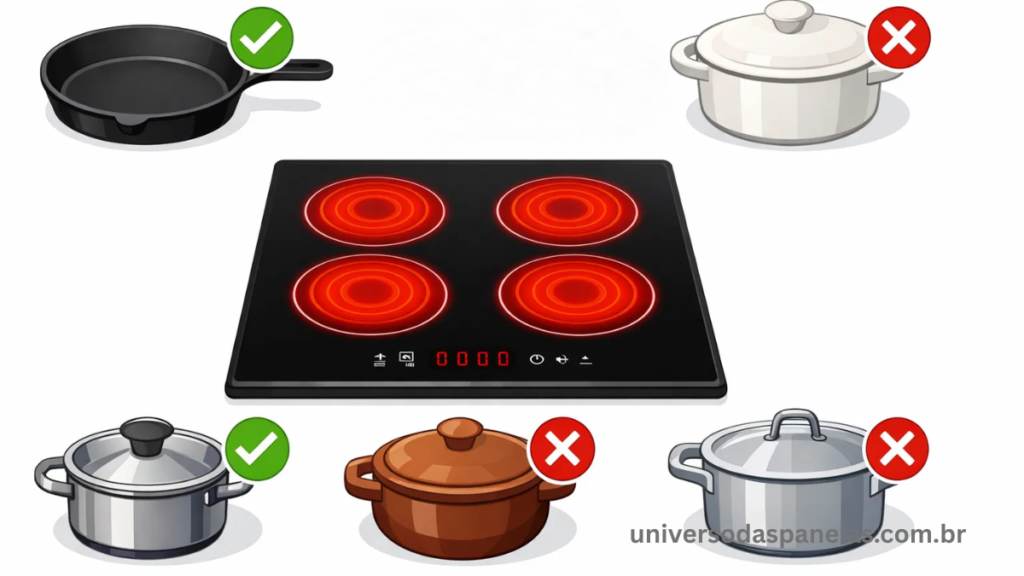 Ilustração flat design de cooktop de indução moderno preto com 4 bocas brilhando ao centro, rodeado por diferentes tipos de panelas com ícones de check verde indicando compatível para ferro fundido e inox magnético e X vermelho indicando incompatível para alumínio puro cerâmica e barro.