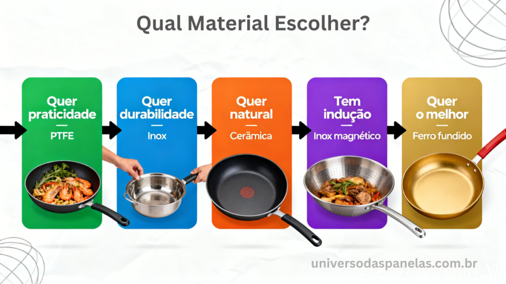 Infográfico fluxograma com 5 perfis de comprador e material ideal: quer praticidade indica PTFE em verde, quer durabilidade indica inox em azul, quer natural indica cerâmica em laranja, tem fogão de indução indica inox magnético em roxo e quer o melhor indica ferro fundido em dourado