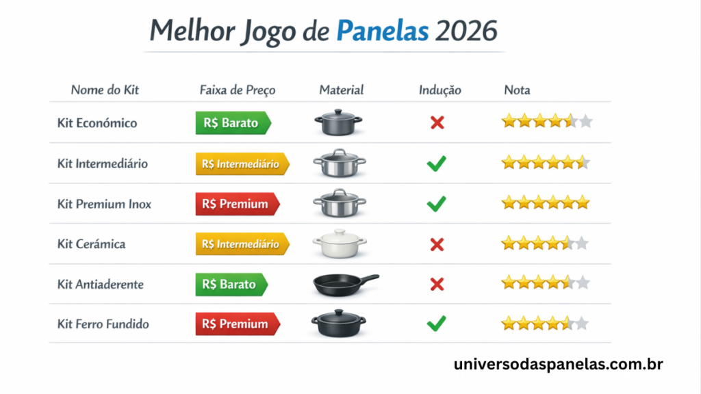 Infográfico tabela comparativa com os 6 melhores jogos de panelas de 2025: Tramontina Allegra nota 9,1, Brinox Carrara 8,7, Tramontina Turim 9,4, Nigro Profissional 9,0, Tramontina Starflon Pro 9,3 e Tefal Ingenio 9,2 com faixas de preço e compatibilidade com indução