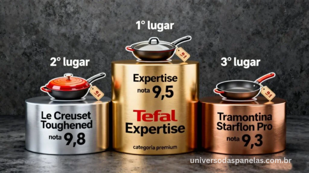 Infográfico pódio 3D com os 3 primeiros colocados do ranking de melhores panelas antiaderentes 2025: primeiro lugar dourado Tefal Expertise nota 9,5, segundo lugar prata Le Creuset Toughened nota 9,8 na categoria premium e terceiro lugar bronze Tramontina Starflon Pro nota 9,3, com ícones ilustrados e faixas de preço