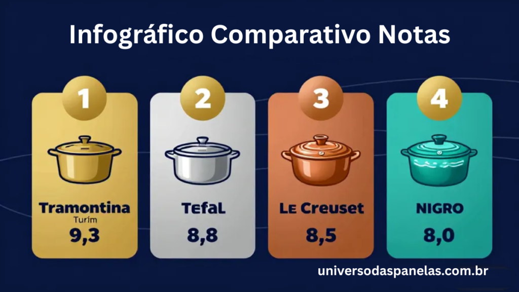 Infográfico com ranking das 4 melhores panelinhas de 2025: Tramontina Turim inox nota 9,3 ouro, Tefal Expertise antiaderente nota 8,8 prata, Le Creuset ferro esmaltado nota 8,5 bronze e Nigro cerâmica nota 8,0 com menção honrosa, cada card com 3 diferenciais principais