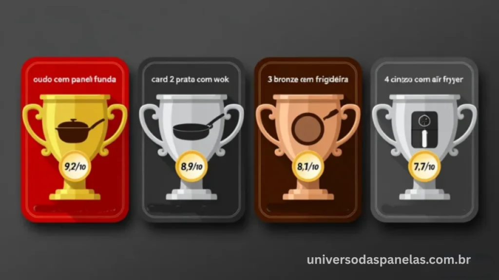Infográfico com ranking das 4 melhores panelas para fritar: panela funda alumínio 9,2, wok ferro fundido 8,9, frigideira antiaderente Tefal 8,1 e air fryer Philips Walita 7,7