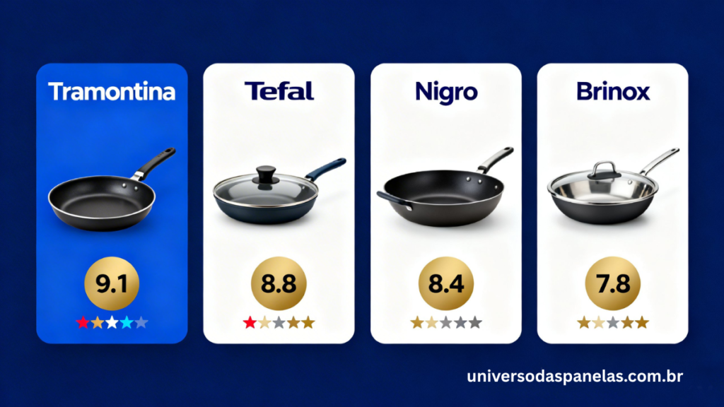 Infográfico com ranking dos 4 melhores kits de panelas para apartamento: Tramontina Allegra nota 9,1 ouro, Tefal Ingenio nota 8,8 prata, Nigro Profissional nota 8,4 bronze e Brinox Carrara nota 7,8 com menção honrosa