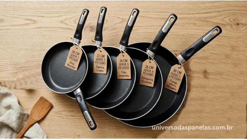 Flat lay de 5 frigideiras antiaderentes dispostas em leque em tamanhos crescentes de 20 a 30 centímetros sobre superfície de madeira clara, cada uma com etiqueta indicando o diâmetro e o número de pessoas que serve, com ovo ao lado das menores e frango inteiro ao lado da maior