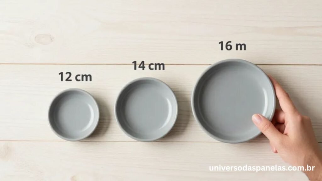Vista aérea de 3 panelinhas de tamanhos diferentes dispostas em linha sobre superfície de madeira clara: 12 centímetros, 14 centímetros e 16 centímetros, cada uma com etiqueta de diâmetro e capacidade em litros, com mão feminina ao lado para escala