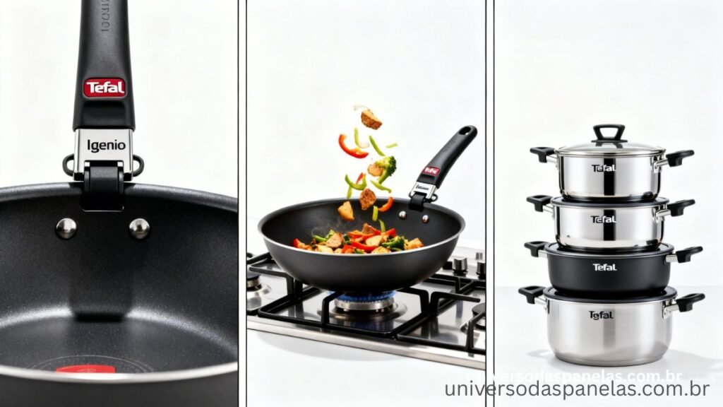 Sequência em 3 quadros do sistema Tefal Ingenio: encaixe do cabo vermelho na frigideira mostrando o mecanismo de trava, frigideira no fogão com alimentos salteando e 4 peças empilhadas compactamente sem os cabos demonstrando o armazenamento em apartamento pequeno