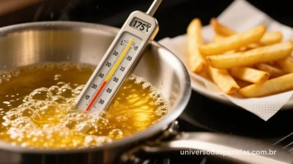Termômetro culinário em óleo borbulhante a 175 graus em panela funda de alumínio com batatas fritas douradas escorrendo em papel absorvente ao lado