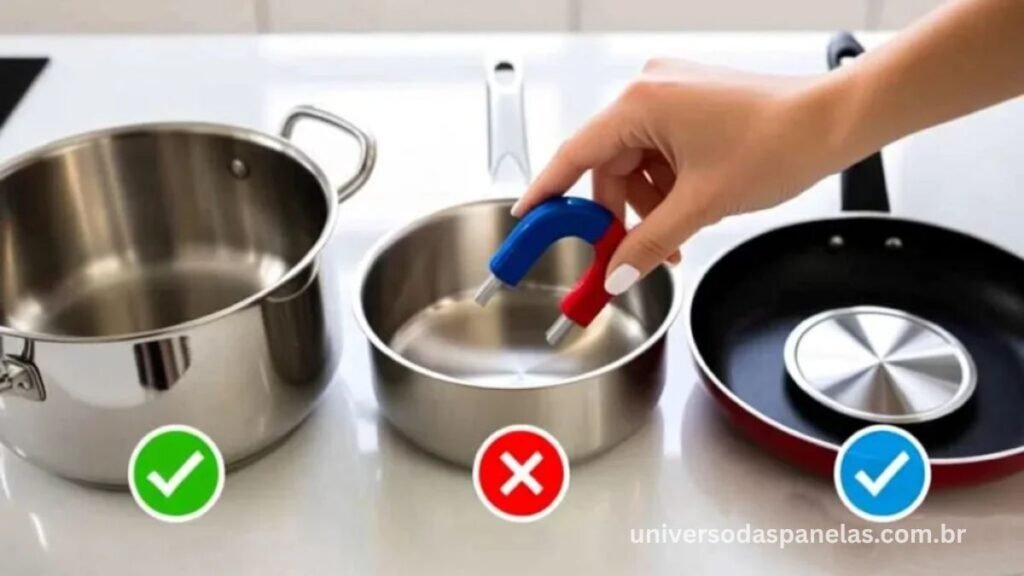 Mão segurando imã encostado na base de três panelas: panela de inox com imã aderindo com força indicando compatível, panela de alumínio com imã sem aderência indicando incompatível, frigideira antiaderente com disco magnético indicando compatível