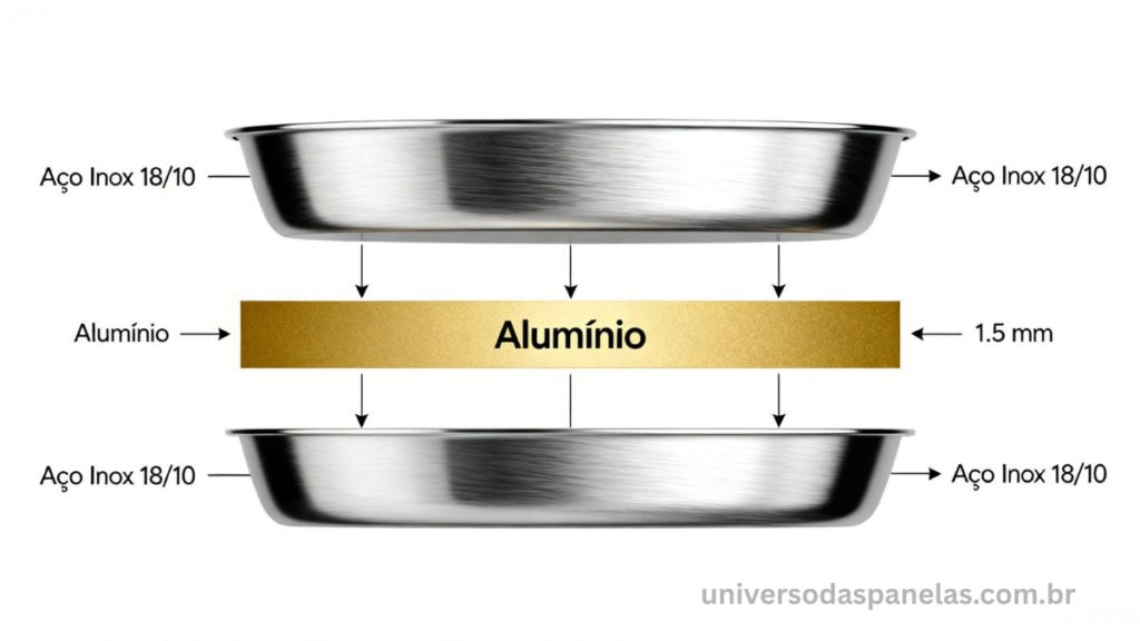 Ilustração técnica em corte transversal mostrando as três camadas do fundo triplo da panela Tramontina Turim: inox 18/10 externo, núcleo de alumínio e inox 18/10 interno com espessuras indicadas