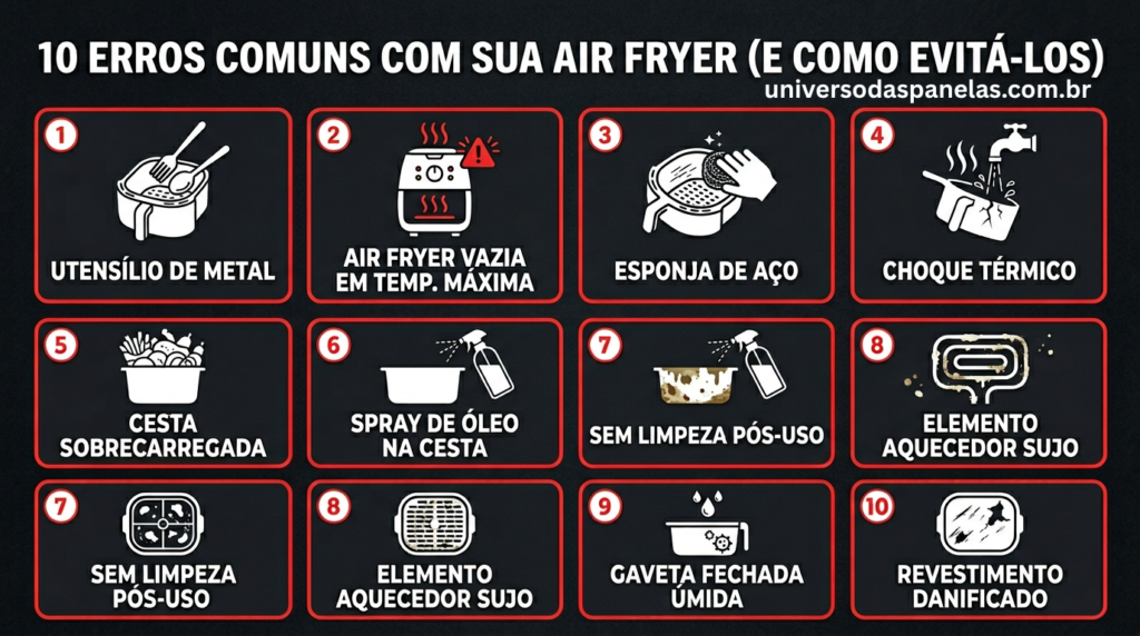 Infográfico com 10 cards em grade 5x2 mostrando os erros que estragam a air fryer: utensílio de metal, air fryer vazia em temperatura máxima, esponja de aço, choque térmico ao lavar, cesta sobrecarregada, spray de óleo na cesta, sem limpeza pós-uso, elemento aquecedor sujo, gaveta fechada úmida e usar com revestimento danificado