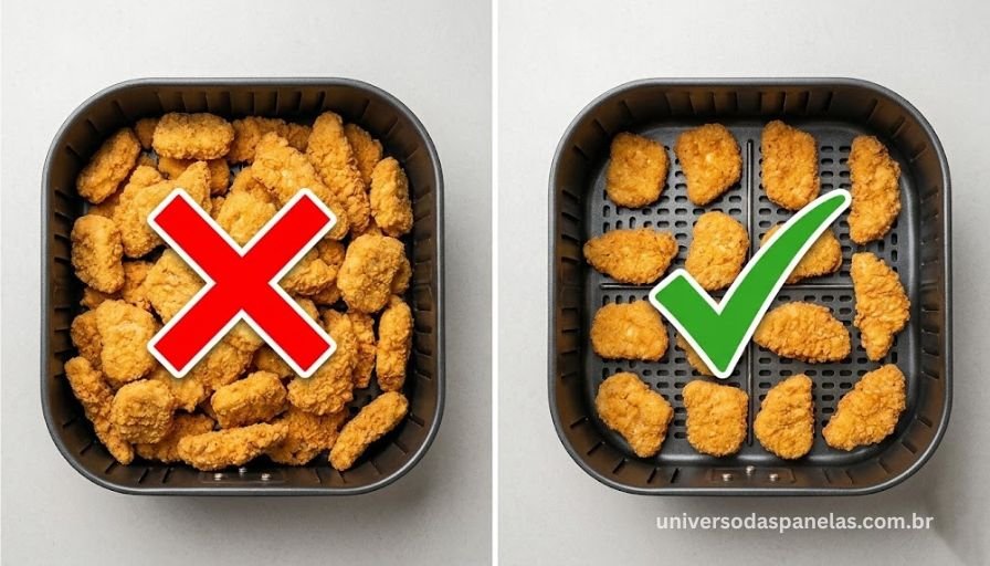Fotografia comparativa vista de cima de duas cestas de air fryer: à esquerda cesta sobrecarregada com frango empanado empilhado em várias camadas com ícone X vermelho indicando errado, à direita mesma cesta com frango disposto em camada única bem distribuída com ícone check verde indicando correto