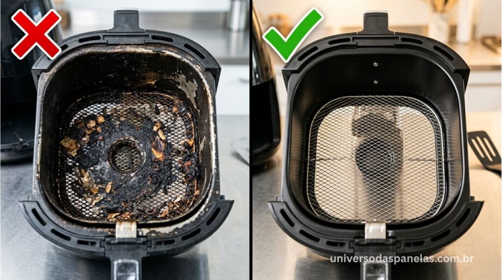 Díptico fotográfico close-up de duas cestas de air fryer: à esquerda cesta com resíduos carbonizados, gordura acumulada e revestimento visivelmente danificado com iluminação crua evidenciando os danos, à direita cesta impecável e brilhante após limpeza correta com iluminação quente valorizando o estado perfeito, ícone X vermelho na esquerda e check verde na direita
