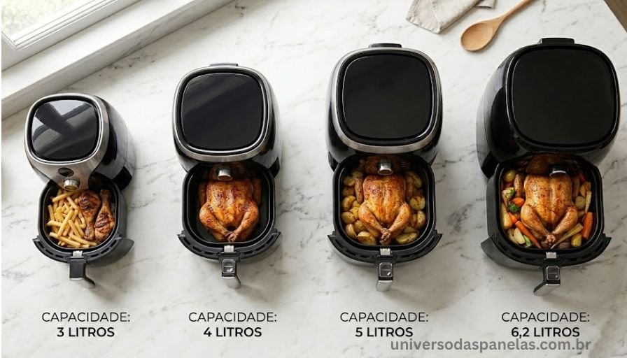 Flat lay fotográfico de quatro air fryers abertas mostrando cestas de capacidades crescentes: 3 litros com porção individual, 4 litros com frango médio empanado, 5 litros com frango grande e 6,2 litros com frango inteiro, dispostas em ordem crescente sobre mármore branco com iluminação natural