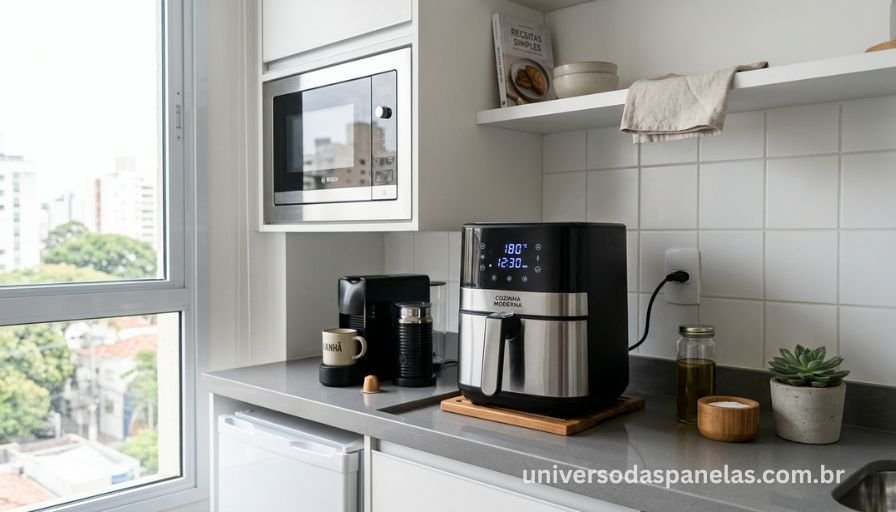 Air fryer compacta posicionada em bancada de cozinha pequena com outros eletrodomésticos