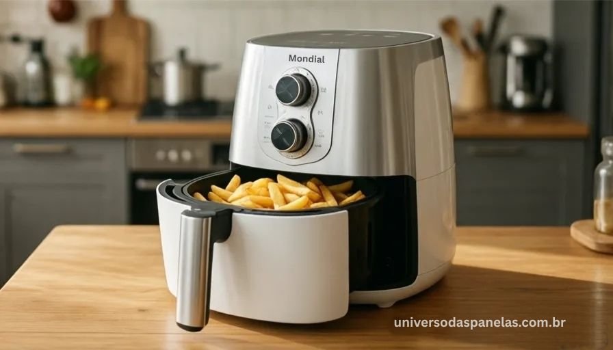 Air fryer Mondial AF-40 branca e prata com cesta aberta mostrando batatas fritas douradas e crocantes sobre bancada de madeira clara com iluminação natural quente e cozinha de apartamento moderno desfocada ao fundo
